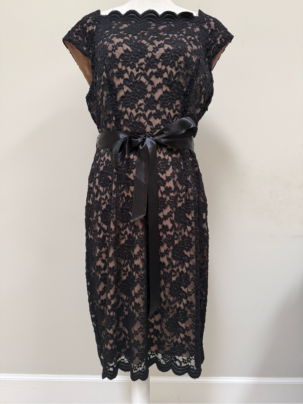 connected apparel Black Lace Sheath Dress with Nude Underlay and Satin Waist Tie